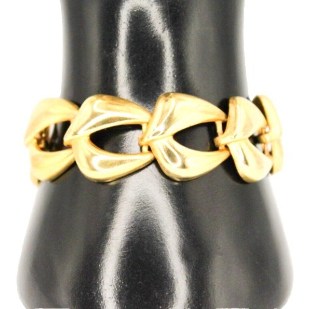 Vintage Gold Tone Wide Bold Puffed Panel Link Polished Bracelet
